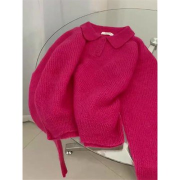 絕美樹莓粉Polo領馬海毛毛衣女秋冬韓版新款洋氣漂亮減齡針織上衣