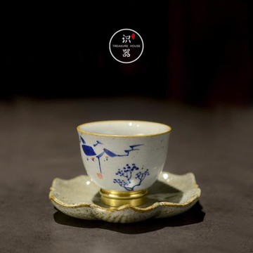 識器粗陶青灰釉手繪青花銅腳品茗杯主人單杯個人反口茶杯功夫茶具
