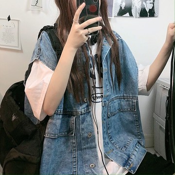 秋季2020年新款韓版ins復古工裝牛仔馬甲女寬松bf無袖單排扣口袋