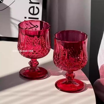 ins復古玫紅色鉆石高腳杯干邑杯氛圍感高端精致杯子浮雕玻璃杯