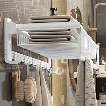 毛巾架浴室置物架太空鋁置物架白色衛生間毛巾架免打孔北歐浴室置物架毛巾掛架折疊浴巾架太空鋁