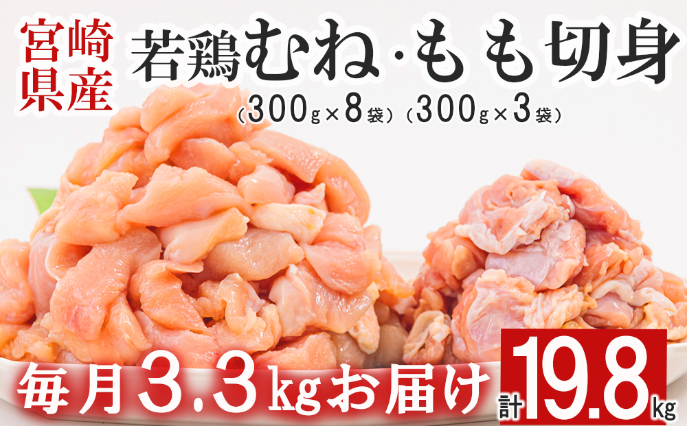  宮崎県産 若鶏 もも むね 切身 300g×3 300g×8 ×6回 合計19.8kg 小分け 鶏肉 冷凍 送料無料 炒め物 料理 大容量 真空 一口大 カット ジューシー あっさり ヘルシー 唐揚げ からあげ チキン南蛮 とり天 普段使い 便利 セット 詰め合わせ