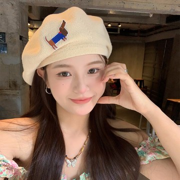 可愛刺繡小狗貝雷帽女夏款薄款針織大頭圍百搭新款八角韓系帽子女