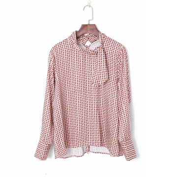 夏季女裝法式復古印花優雅系帶領套頭長袖寬松顯瘦襯衫