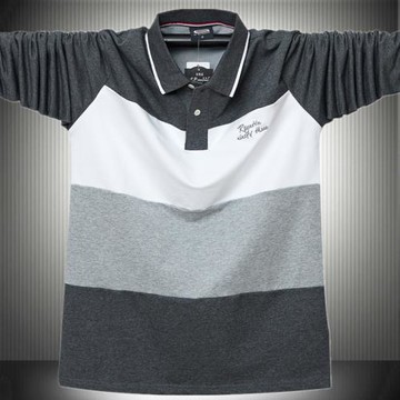 男裝條紋加肥加大碼純棉長袖T恤肥佬拼接色有領體血外貿白領上衣