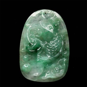 【雅紅珠寶】 天然老坑冰種翡翠玉項鍊-魚-蓮花-如魚得水