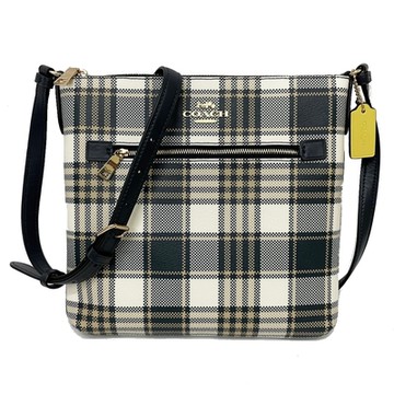 COACH 新款格紋前拉鍊斜背包(深藍格紋)