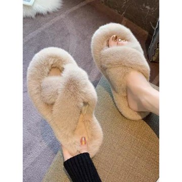 2025秋冬新款網紅高級感毛毛絨拖鞋女外穿居家厚底大碼交叉棉拖鞋