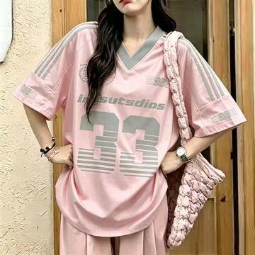 球衣美式復古V領數字33短袖球衣上衣簡約速乾透氣運動百搭短袖休閒短袖 短袖T恤 T恤女