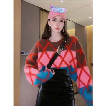 菱形格拼色軟糯短款毛衣女2026秋冬新款設計感小眾別致針織衫上衣