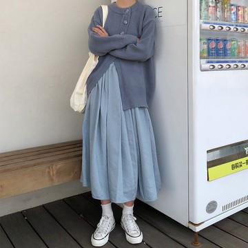 ins不規則長袖開衫加厚毛衣外套+高腰半身裙女潮1入