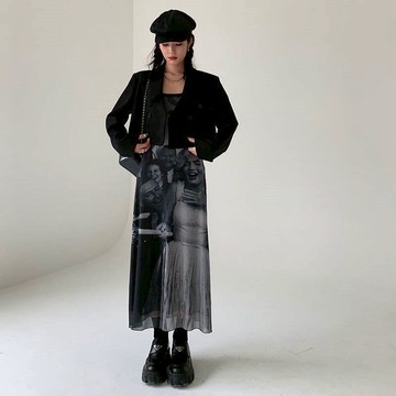 復古印花網紗吊帶裙