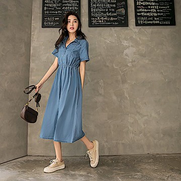 OB嚴選-高含棉翻領收腰綁帶傘襬短袖洋裝