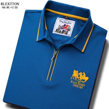 夏季拉鏈短袖T恤男裝翻領POLO衫高檔休閑有領帶領上衣服T絲光棉薄