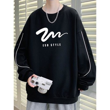 圓領衛衣男款春秋季潮牌套頭長袖秋衣寬松印花衣服男士T恤打底衫