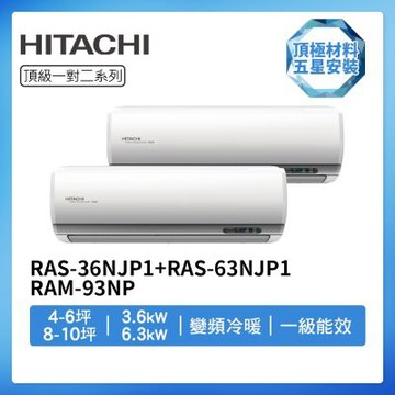 【HITACHI 日立】R32一級變頻冷暖4-6坪+8-10坪一對二分離式冷氣RAS-36NJP1+RAS-63NJP1/RAM-93NP(首創頂極材料安裝)