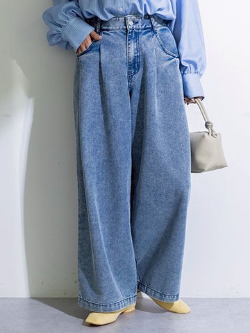 立體前褶剪裁牛仔寬褲(06001095002) - Green Parks