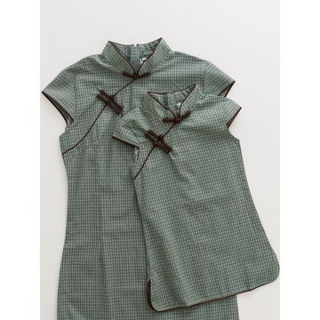 親子母女裝墨綠格子復古民國風女童短袖旗袍裙2025夏季文藝連衣裙