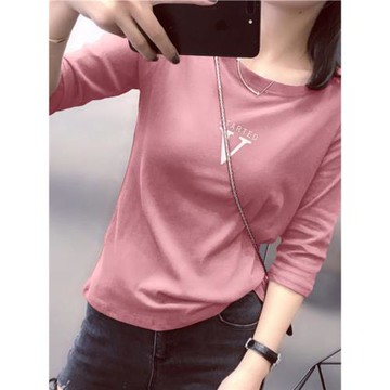 中袖七分袖上衣女2025春秋季新款寬松大碼純棉長袖T恤內搭打底衫