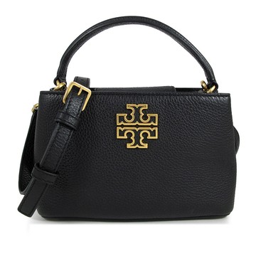 TORY BURCH BRITTEN 金屬鏤空LOGO黑色鵝卵石紋皮革磁扣式兩用三層包