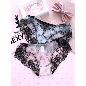 日系性感蕾絲內褲女薄透氣刺繡印花冰絲網紗鏤空無痕半透明三角褲