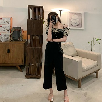 77store 黑色背帶褲女夏季薄款高腰闊腿褲顯瘦九分吊帶連體長褲子