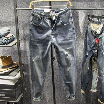 緊身九分破洞牛仔褲男春夏水洗小腳褲子潮流男裝【木屋雜貨】