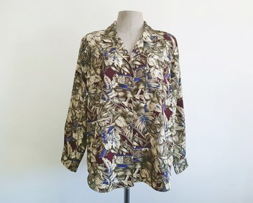 復古紫葉印花襯衫 女款長袖鈕釦領襯衫