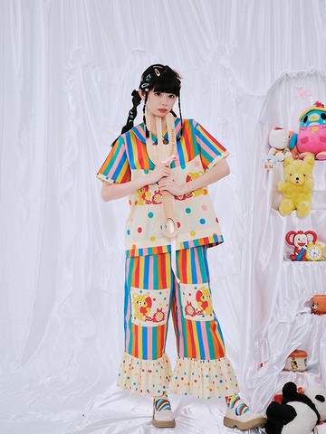 原創印花彩虹日記小熊拼接襯衫洋裝 日系可愛少女分碼大碼訂製