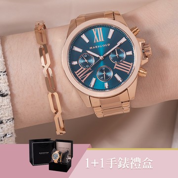 女人愛美愛自己浪漫湖光1+1獨家超值禮盒手錶鈦鋼手環二件組【WKTL063-KMD018】-藍綠面玫金帶+玫瑰金手環