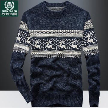 北歐風冬季圓領毛衣男針織衫加絨加厚上衣寬松大碼提花套頭毛線衣
