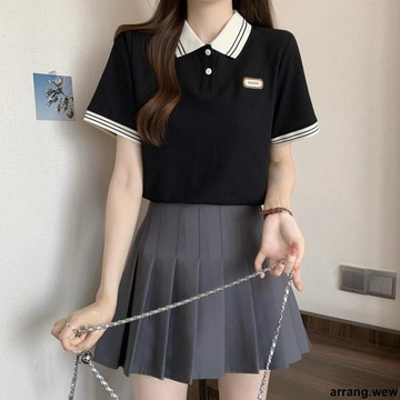 遮肚子顯瘦正肩POLO領打底衫 夏季胖mm短袖學院風減齡百搭上衣 Polo衫 短袖 大碼女裝 女生上衣 女裝上衣 夏季女