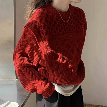 歐貨歐洲站浣熊圣誕新年復古紅色毛衣女冬羊絨精致別致高級感上衣