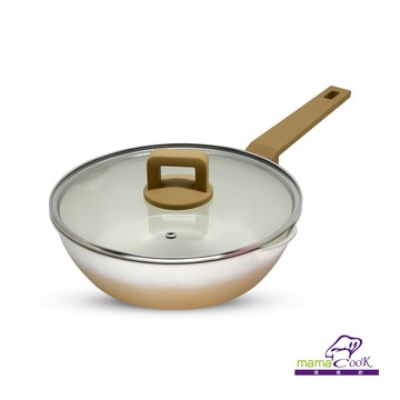 【mama cook 】馬卡龍鈦陶瓷繽紛不沾煎炒鍋(/附蓋)/24cm/咖啡色