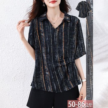 翻領復古線條刷白印花側壓褶上衣 L-5XL【505511X】【現+預】☆流行前線☆