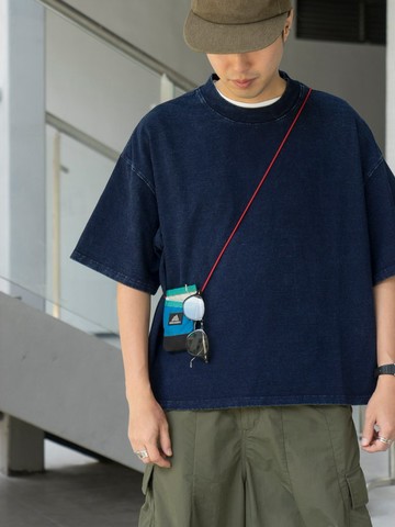 短寬 Boxy 版型洗水藍染 indigo 靛藍色 tee 恤寬松復古 5 分袖日系