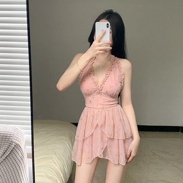 連體裙式吊帶泳衣泡溫泉海邊度假遮肚顯瘦少女保守小胸聚攏新款