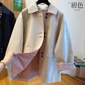 初色 日系通勤風純色翻領單排釦中長款寬鬆長袖風衣外套女外套-共2色-10577(M-2XL可選)