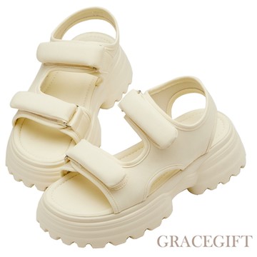 【Grace Gift】甜酷女孩鋸齒澎澎墊厚底涼鞋 米白
