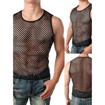 外貿男裝2023夏季男士性感個性鏤空網格上衣ins街潮透視無袖背心