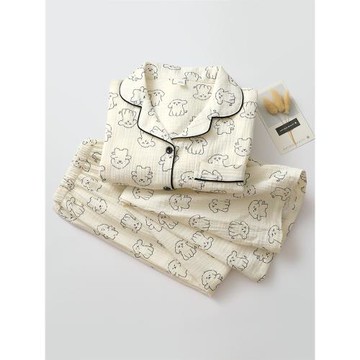 日系卡通睡衣女生水洗純棉紗開衫長袖長褲春夏薄款家居睡眠服清新