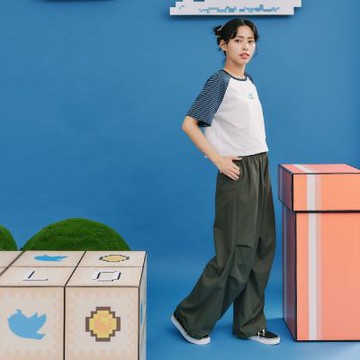 【Dailo】棉質壓褶降落傘長褲 黑 駝 灰