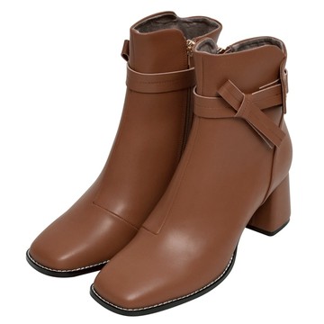 ANNSTAR 春妞聯名-法式香頌2WAY可拆繫帶方頭短靴6.5cm-棕