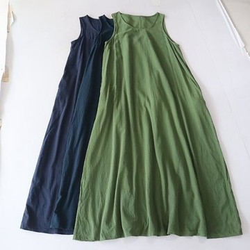 夏季新品女中長款背心連衣裙棉圓領套頭寬松純色百搭A字裙D1