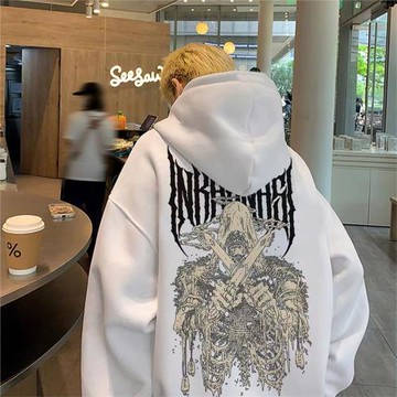 美式潮牌hiphop暗黑系骷髏人印花連帽衛衣男秋冬歐美高街加絨外套