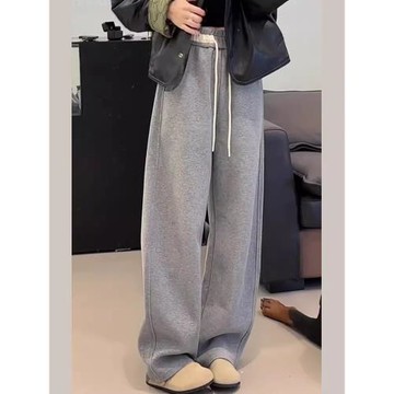 灰色運動風休閑衛褲女2025秋冬季新款加絨加厚抽繩彎刀鐮刀闊腿褲