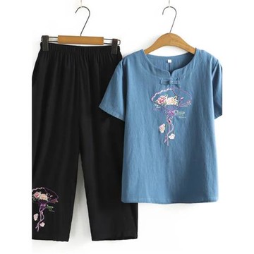 中年媽媽夏裝兩件套短袖t恤女棉麻上衣薄款大碼微胖減齡洋氣套裝