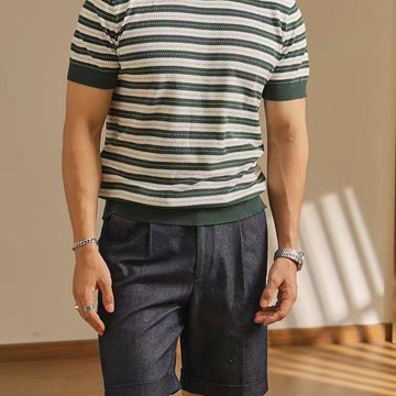 冰絲短袖 針織衫 夏季冰絲針織短袖男士針織衫T恤涼感條紋潮流伊力特透氣半截0605