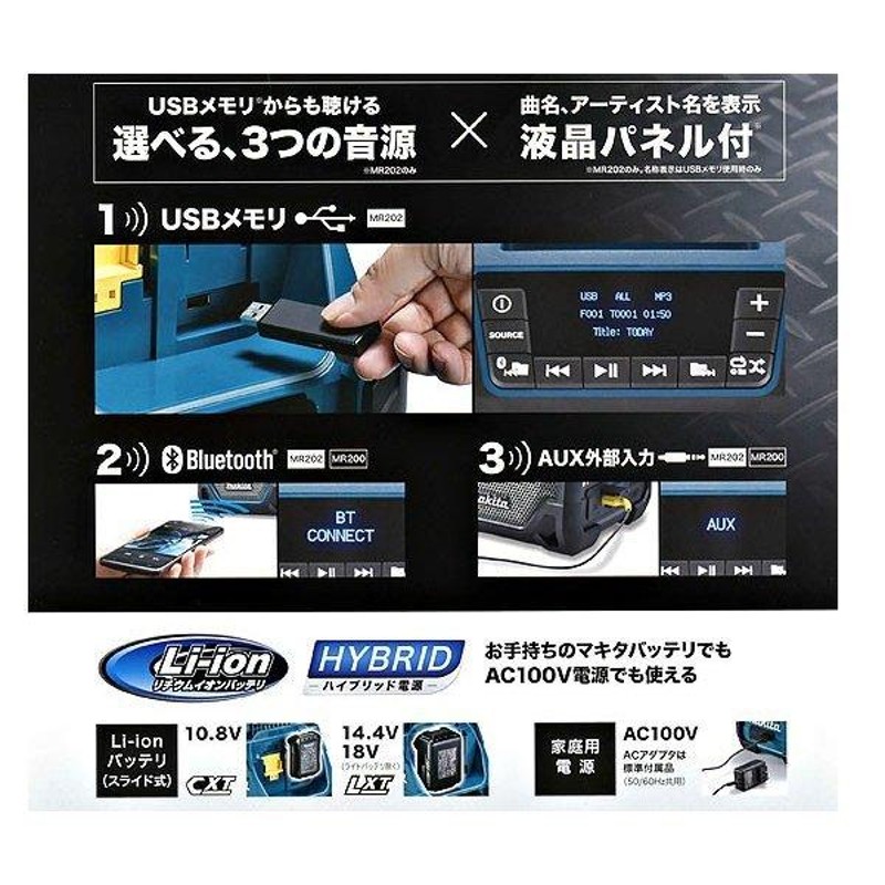 マキタ 充電式スピーカー MR202 USBメモリ対応／液晶パネル付 本体のみ