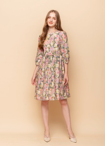 瑰麗綻放柔彩天絲棉印花洋裝（附腰帶）